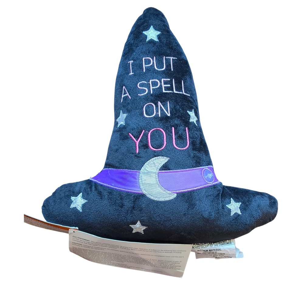 Witch Hat Plush Pillow I Put A Spell On You Navy Blue Halloween Decor Moon Stars